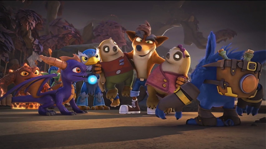 Crash holds a couple of harmless animals after rescuing them from danger while the Skylanders look at him.