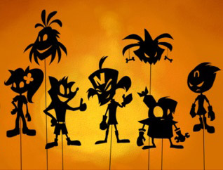 Shadow puppets of Crash Bandicoot and various other characters.