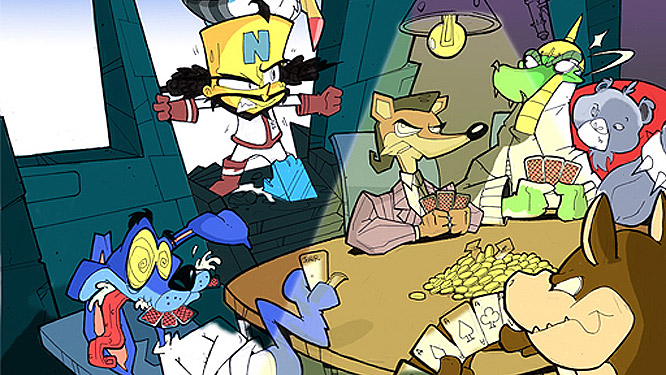 Cortex barges in on a game of poker being played by Pinstripe, Komodo Joe, Koala Kong, Dingodile, and Ripper Roo.