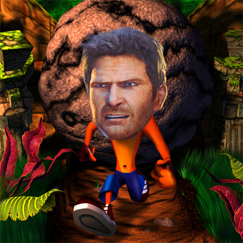 Crash Bandicoot with Nathan Drake's head runs away from a rolling boulder.