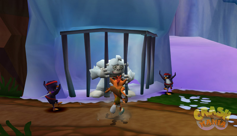 Crash, dressed as a caveman, runs towards a caged yeti. There are two ninja penguins standing beside Crash.