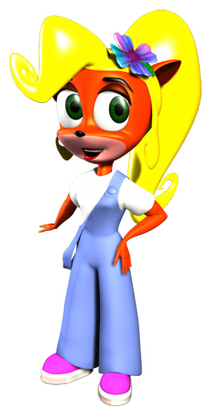 A female orange bandicoot with blonde curls, a flower on her hair, and blue overalls smiles at the viewer..