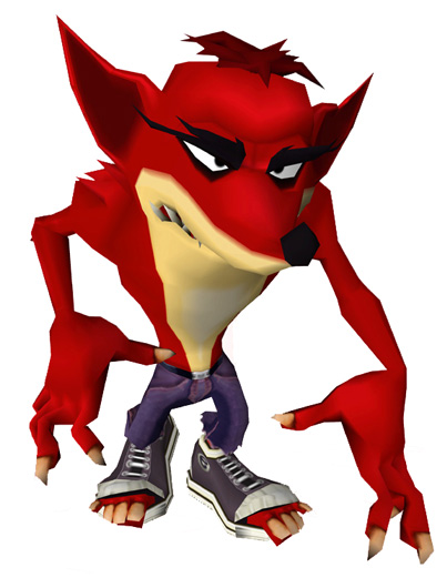 An evil bandicoot who looks like a dark red Crash with fangs and huge nails.