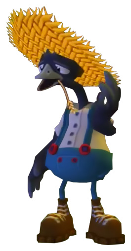 An anthropomorphic emu with a farmer outfit and a straw hat.