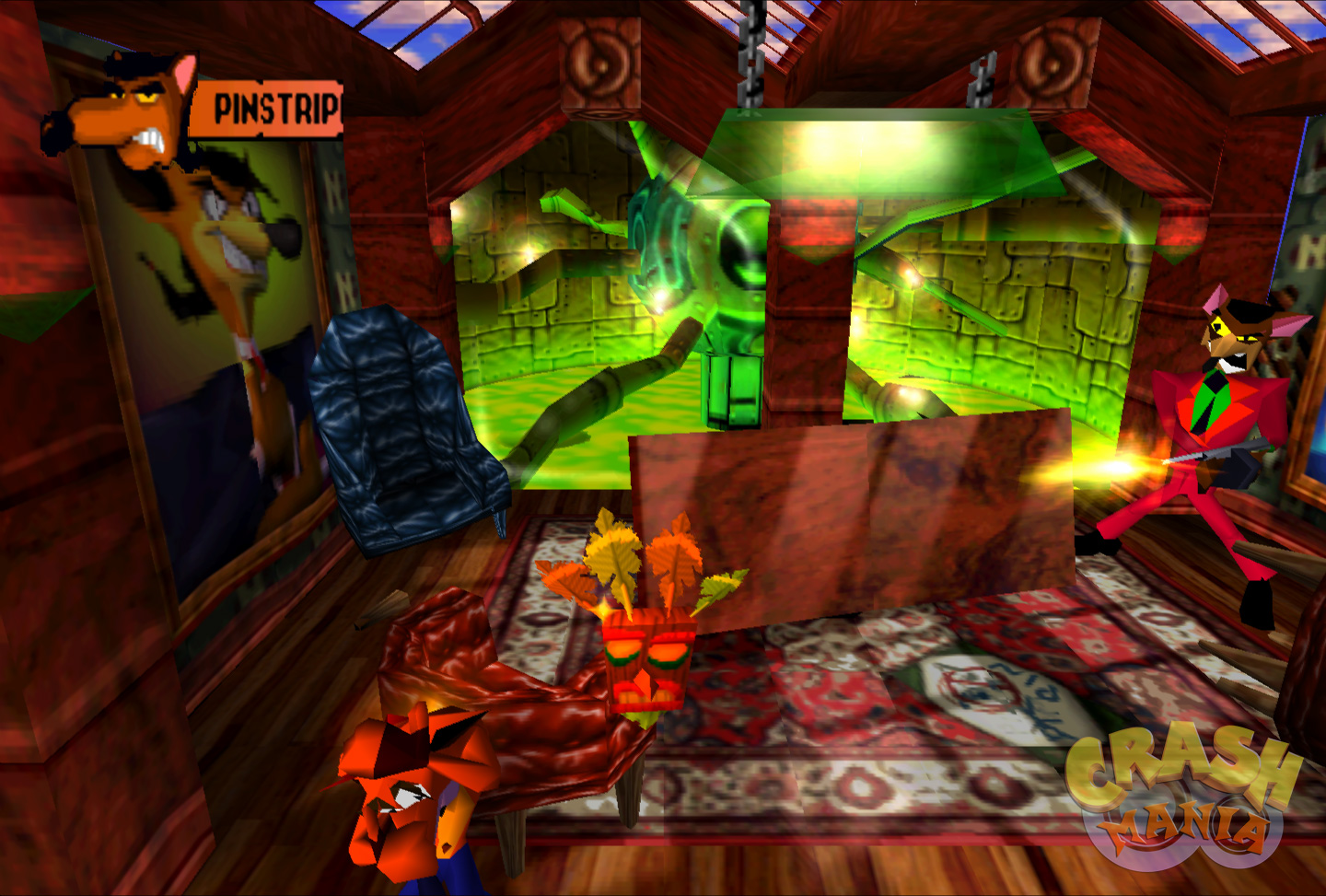 Crash takes cover as Pinstripe Potoroo shoots his tommy gun across a fancy room.
