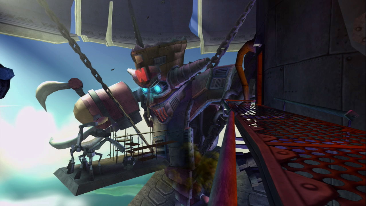 A gigantic robot built in Cortex's likeness can be seen floating in the horizon.