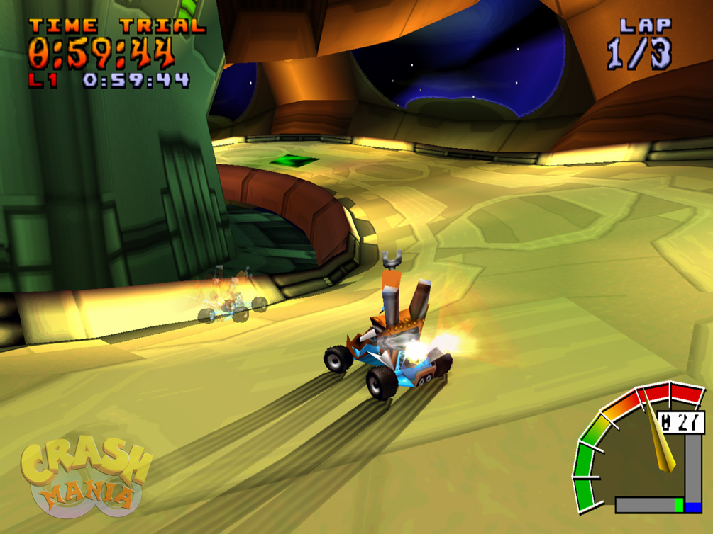 Dr. Nefarious Tropy slides with his kart around a race track set around a space station. His actions from a previous race are represented through a ghostly image of his former self.